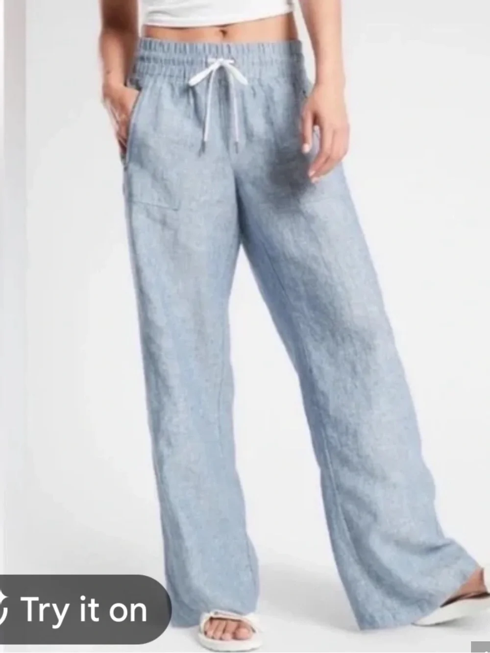 Athleta Cabo 100% Linen Wide-Leg Drawstring Pants in Chambray Blue - Picture 1 of 8